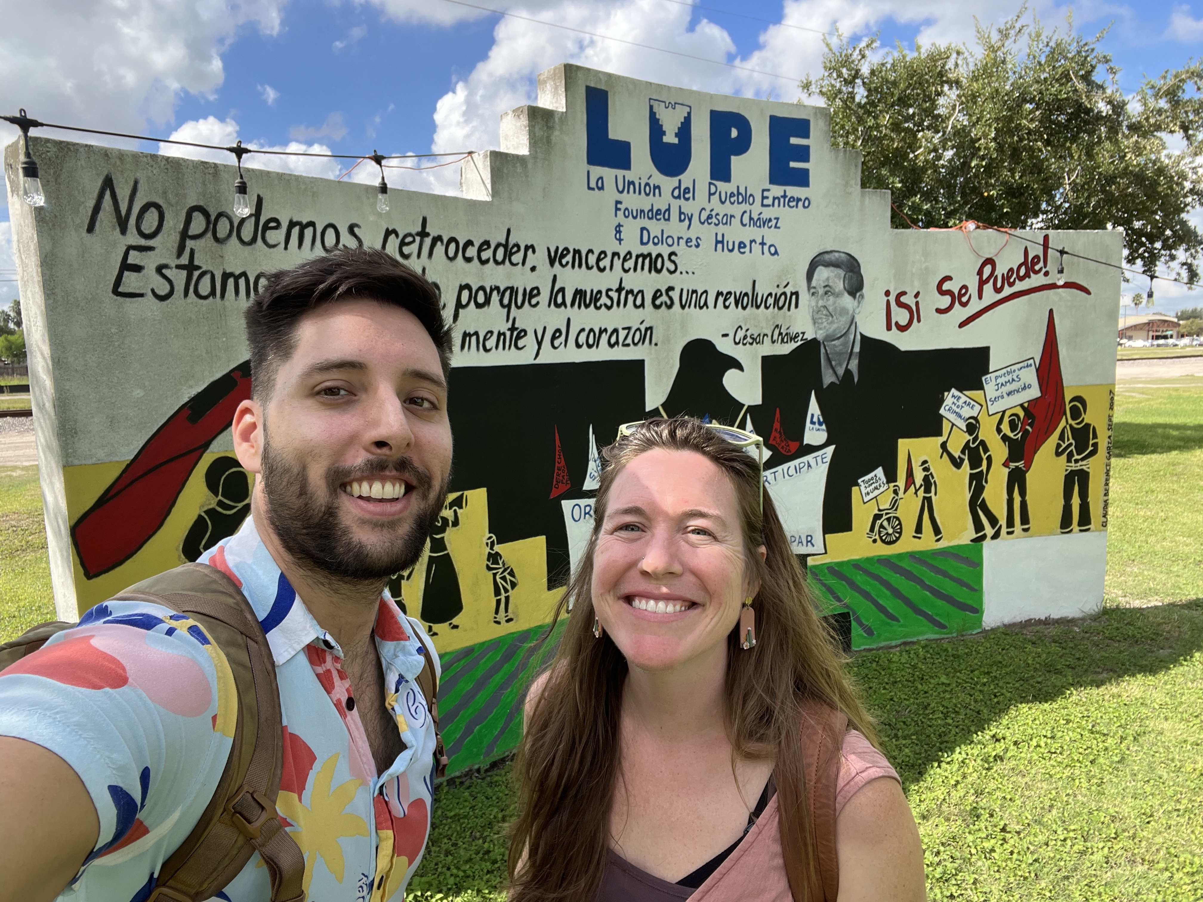 Beth and Lucas at LUPE mural, Rio Grande Valley, Texas