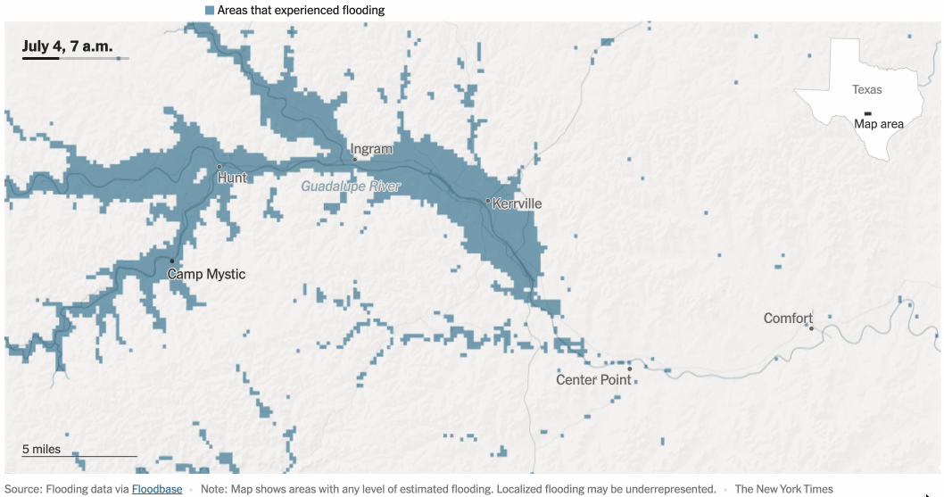 New York Times animated map of Guadalupe River flooding using Floodbase data, July 2025